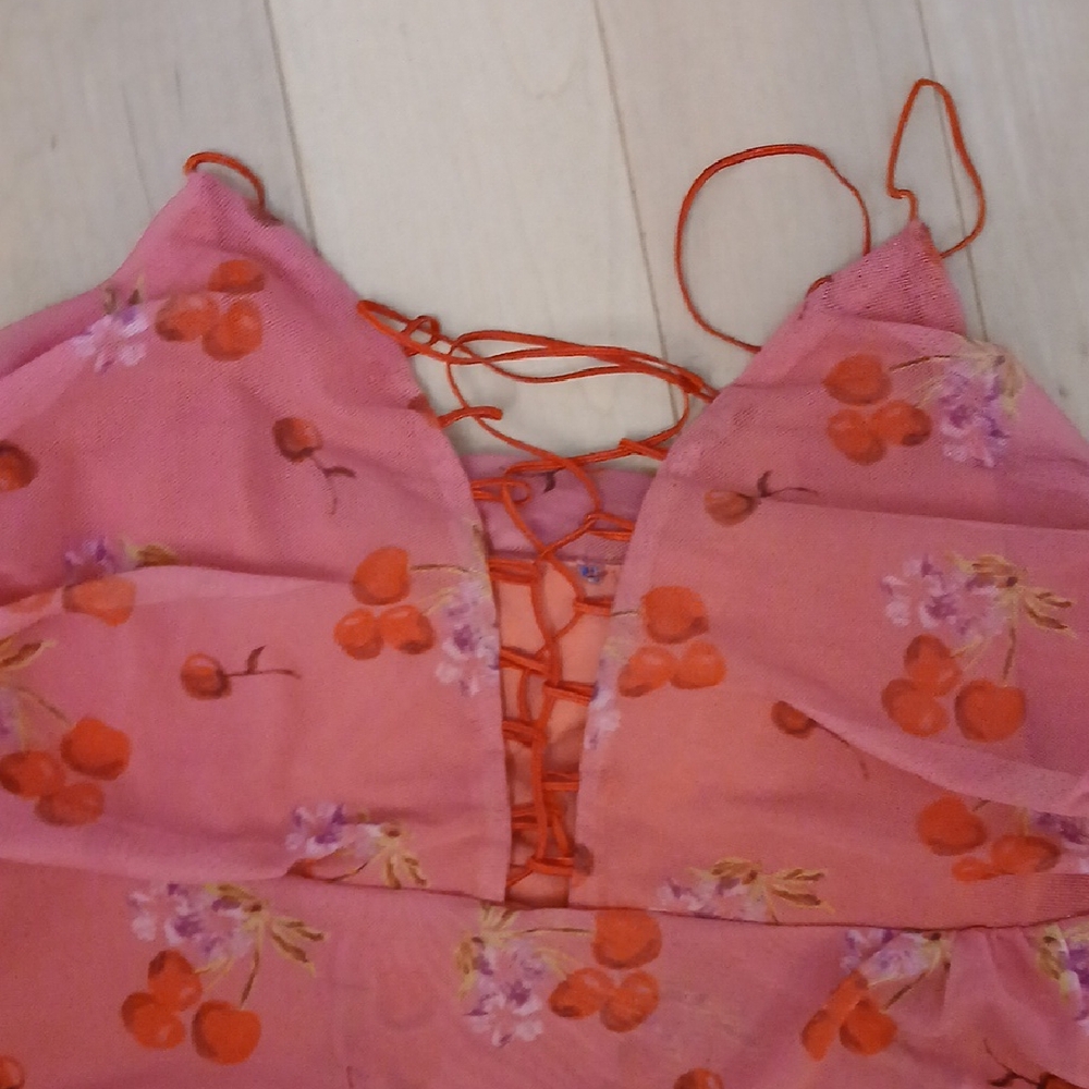 Pink Floral and Cherry Print GAUZE Mini Dress